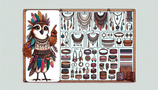 An illustration of a Boho-chic style accessory guide organized by a character named PiPPY. Show PiPPY as an anthropomorphic bird, overseeing a wide selection of Boho-chic accessories, which include di