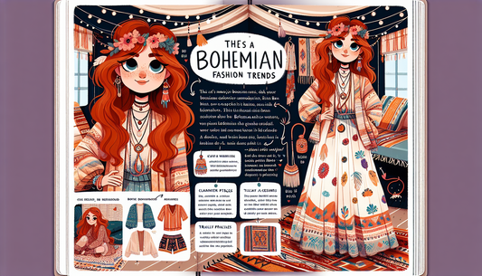 An illustrative guide highlighting Bohemian fashion trends. The guide is hosted by a non-descript, stylish human character named PiPPY. PiPPY is a White female, with long wavy red hair styled in a chi