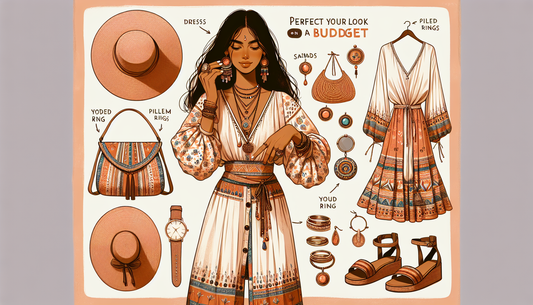 An image representative of the concept 'Boho on a budget'. It should include elements associated with bohemian style, such as flowing dresses, piled-on jewelry, sandals, wide brim hats, vibrant patter
