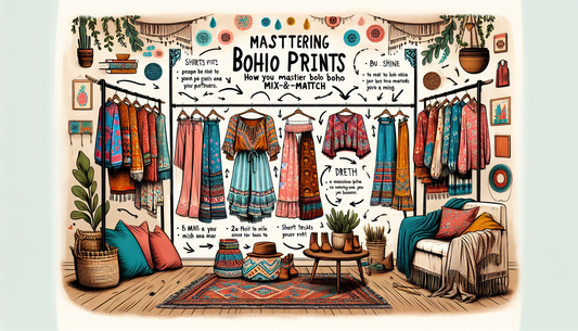 A colorful and vibrant digital artwork depicting an essential guide to mastering Boho prints mix-and-match. The image shows several pieces of Boho-style clothing with different patterns hanging on a d