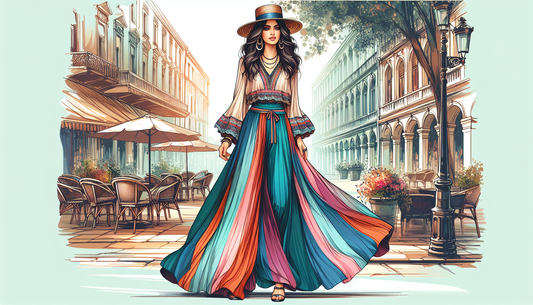 An illustration of a stylish South Asian woman mastering boho chic style. She is dressed in flowing palazzo pants of vivid colors, an elegant silhouette with long, loose-cut trousers flared widely at 