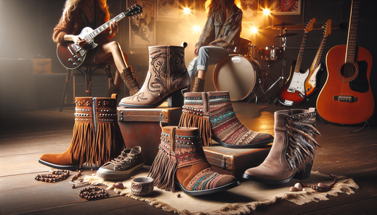Showcase the perfect example of Boho-Chic ankle boots that capture style and versatility. The boots are made of premium suede, in earthy colors with intricate patterns and fringed details. Embellishme