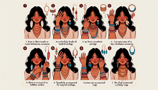 An illustrated step-by-step guide on how to layer Bohemian accessories both effectively and effortlessly. The guide includes various types of accessories typically worn in the Bohemian style, such as 