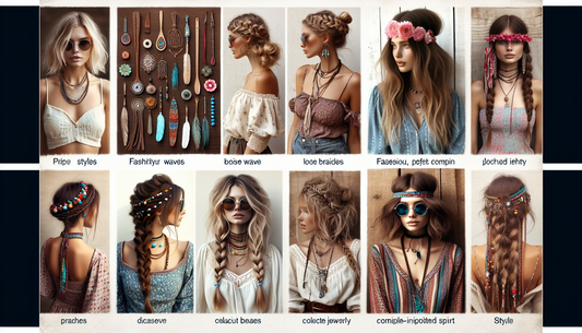 An image compilation of various chic bohemian hairstyles that compliment and contrast a fashionable yet free-spirited aesthetic, commonly known as the 'Pippy' look. Visualize hairstyles rich in textur