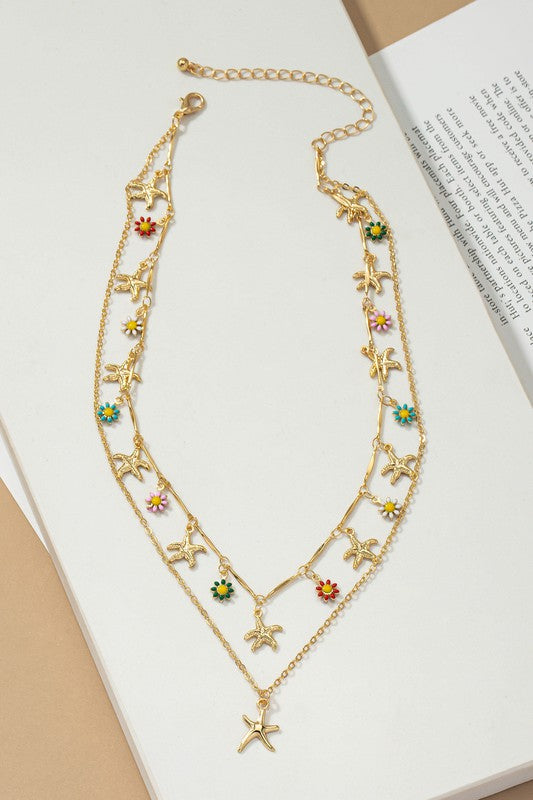 Two row star and flower charm drop necklace